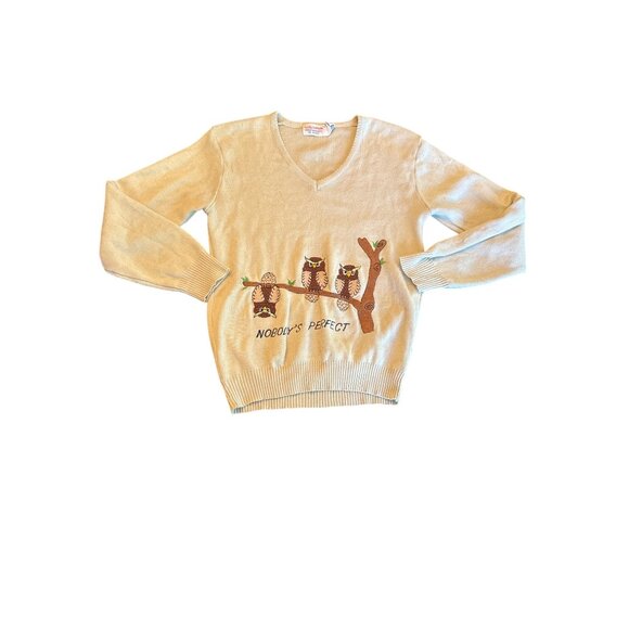 Lady LaMode Beige V-Neck Sweater Owl Embroidery "Nobodys Perfect" L Vintage 70s - Picture 1 of 5